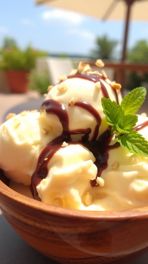 A bowl of vanilla ice cream with chocolate sauce and nuts, garnished with mint leaves.